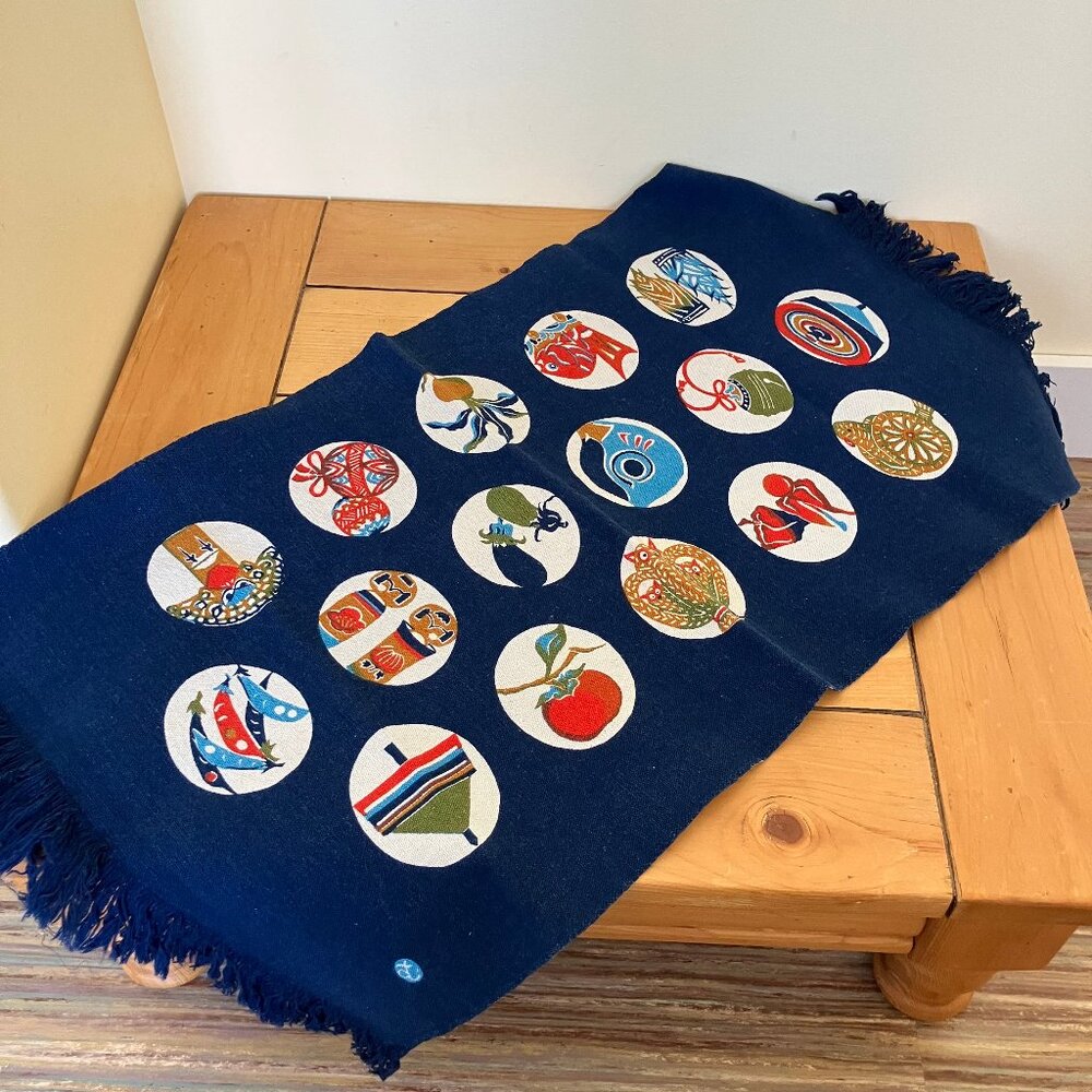 Japanese Festival Print Cotton Table Runner Fringe Ends Navy Blue Print 14x24"